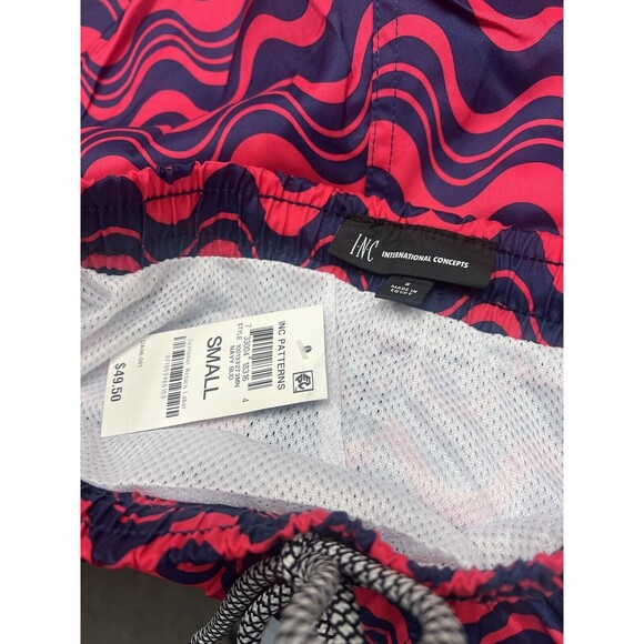 INC Men's S Wave Print Swim Shorts Trunks Red Navy Waves Size Small - Picture 3 of 3